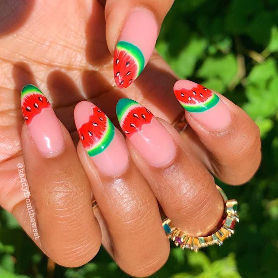 29 LATEST WATERMELON NAIL DESIGNS TO TRY IN 2024! 17 Almond French Watermelon Nails Elegance