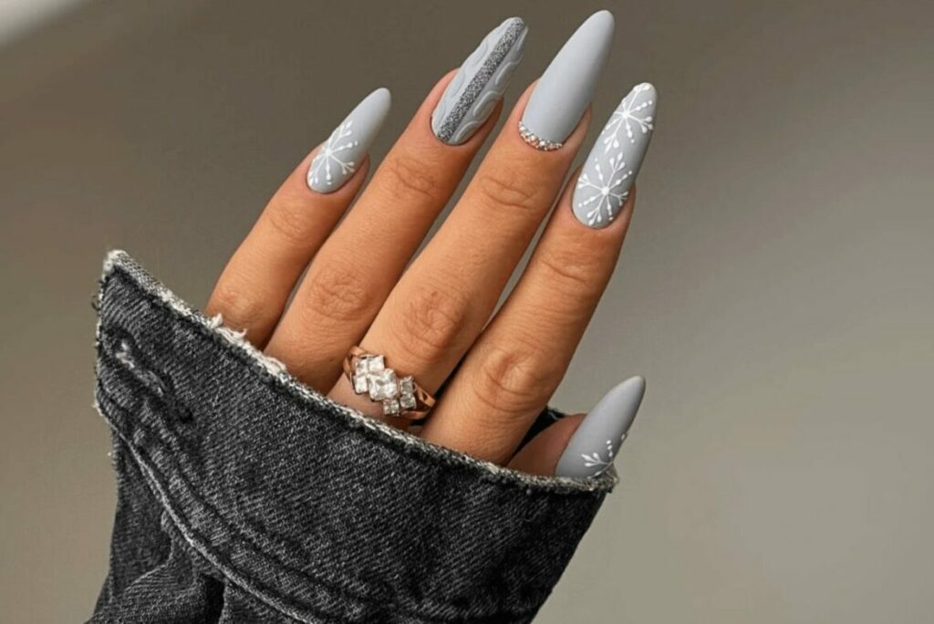 Get Cozy with 20 Grey Christmas Nail Ideas in 2024 18 Almond Grey Christmas Nails