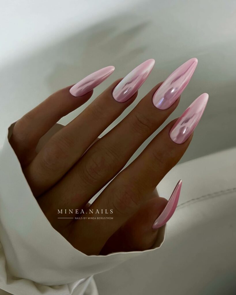 25 Latest Chrome Nail Ideas To Try In 2024! 22 Delicate Touch of Almond Pink Chrome Nails