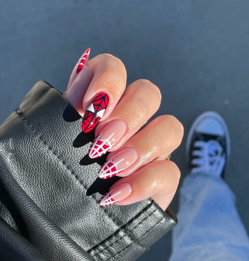 35 Amazing Spiderman Nail Designs To Try In 2024! 11 Almond-Shaped Spiderman Nails