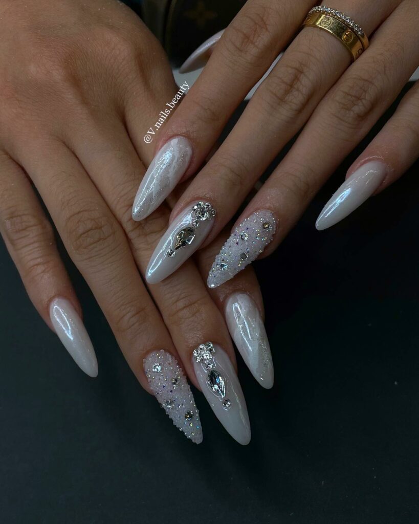 59 White Glitter Nail Designs To Try In 2024! 48 Almond White Glitter with accents