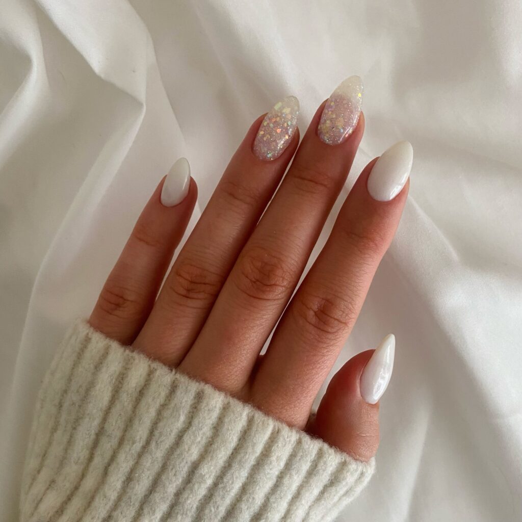 59 White Glitter Nail Designs To Try In 2024! 20 Almond white glitter nails