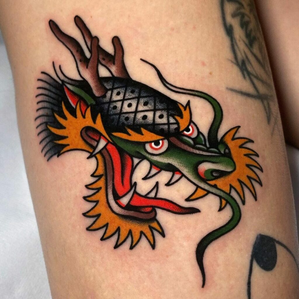 10+ Traditional Dragon Tattoo Ideas You Have to See to Believe! 14 American Traditional Dragon Head Tattoo Ideas