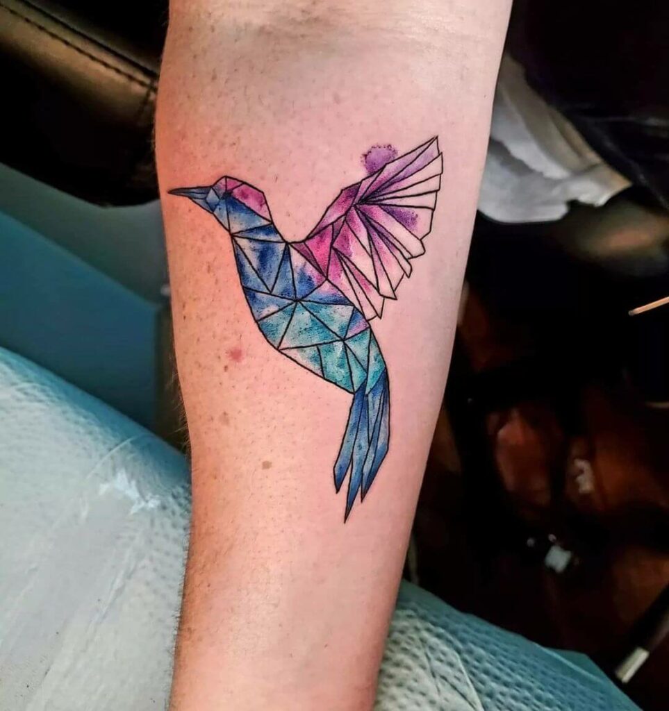 11+ Geometric Hummingbird Tattoo Ideas That Will Blow Your Mind! 14 An Idea for Watercolor Effect on Geometric Hummingbird Tattoo Designs