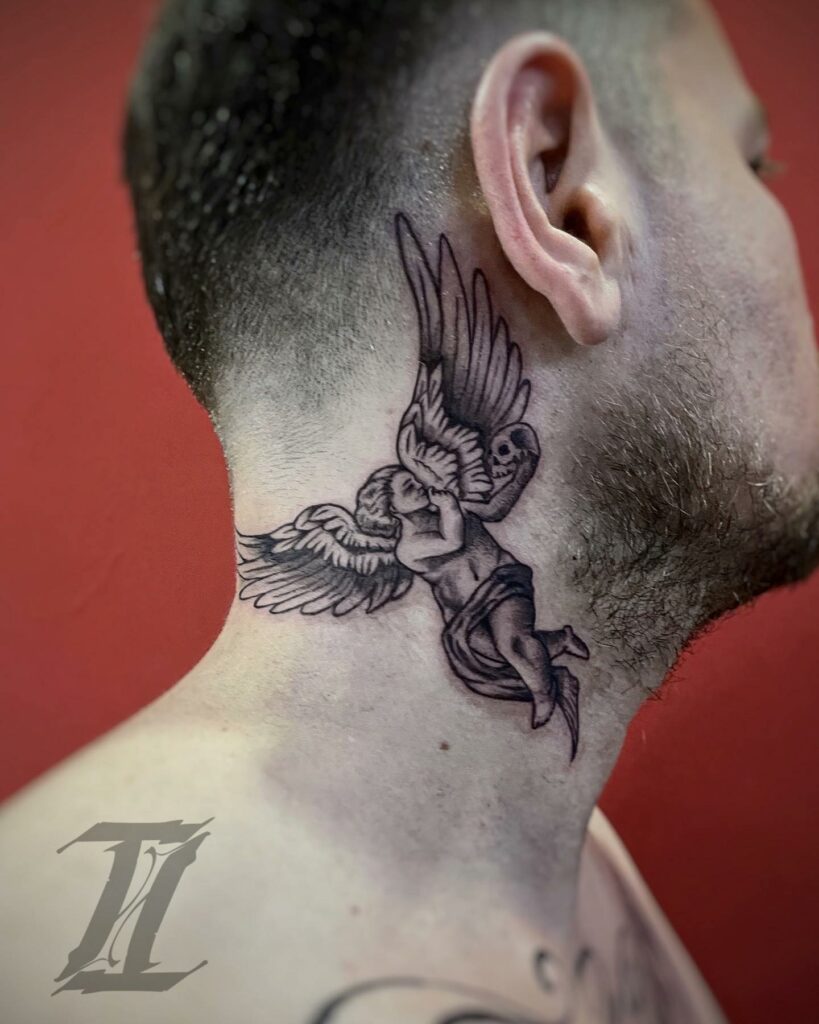 10+ Angel Neck Tattoo Ideas That Will Blow Your Mind! 20 Angel Holding A Skull Neck Tattoo