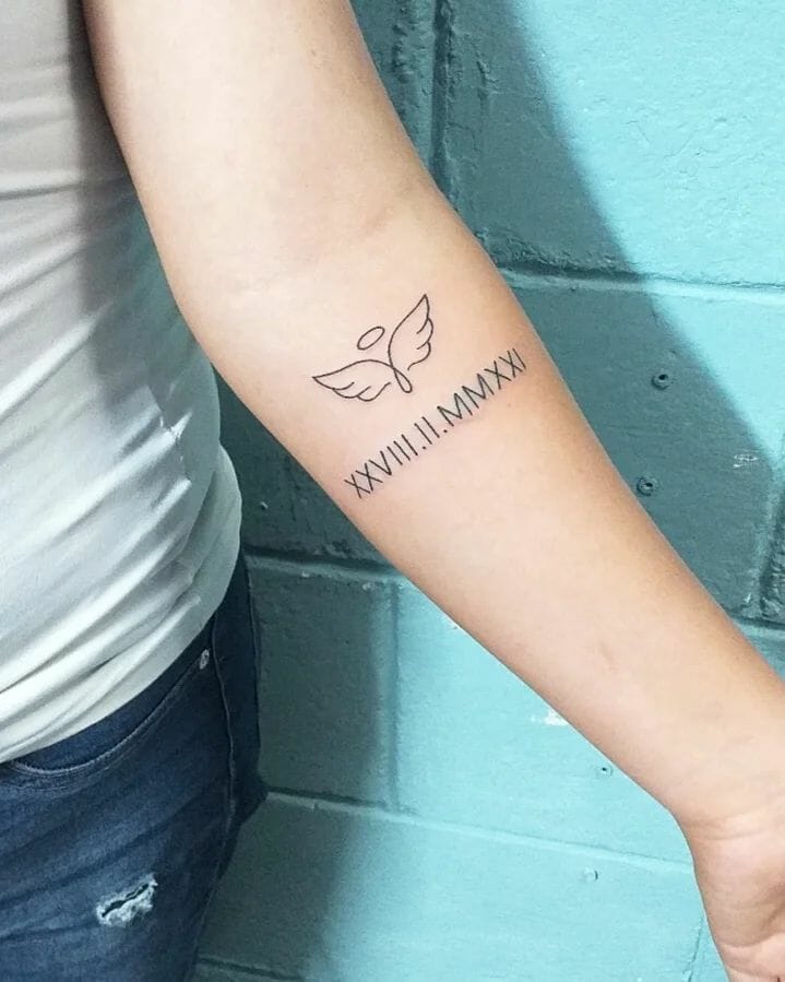13+ In Loving Memory Tattoo Ideas That Will Blow Your Mind! 14 Angel Wings Roman Numeral Date Tattoo