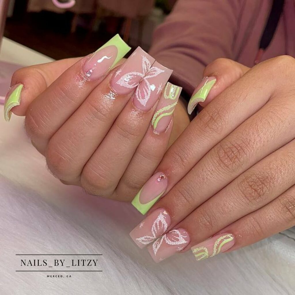 Try in 2024: 50 Latest Neon Green Nail Designs 33 Animal neon green french nail