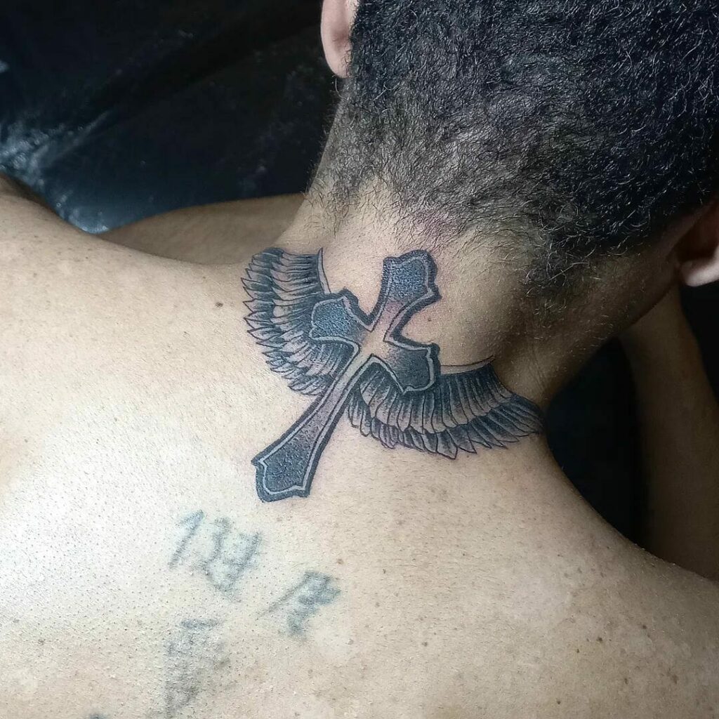 12+ Neck Cross Tattoo Ideas To Inspire You! 18 The Big Only Black Cross Tattoo Design With Wings On Neck