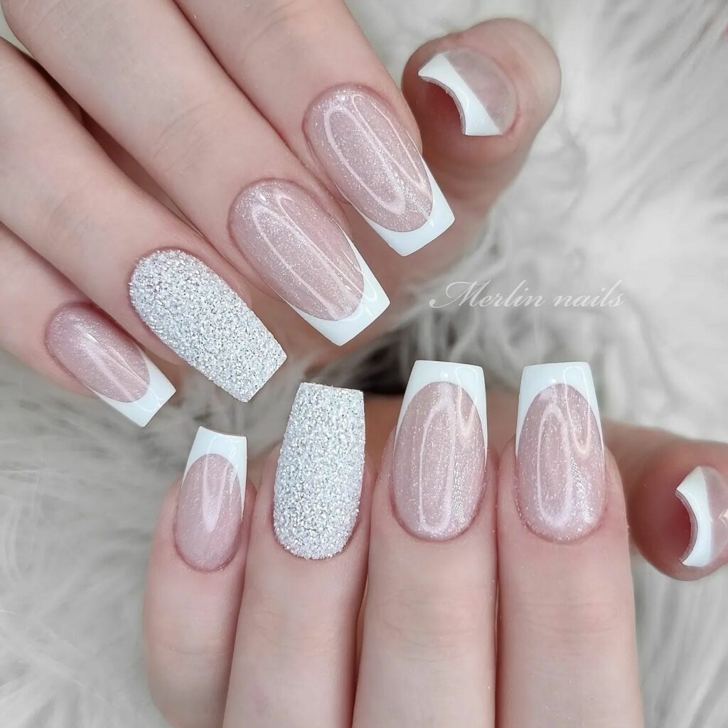 Try 50 Coffin French Tip Nail Designs in 2024 28 White with A Dash Of Glitter