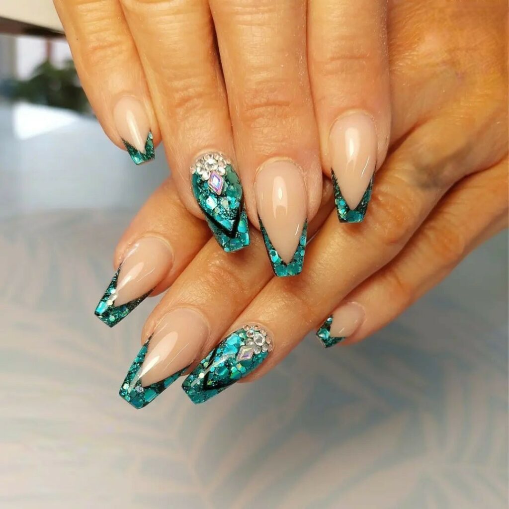 Check Out 30 Glitter French Tip Nail Designs of 2024 20 Black and Teal Glitter