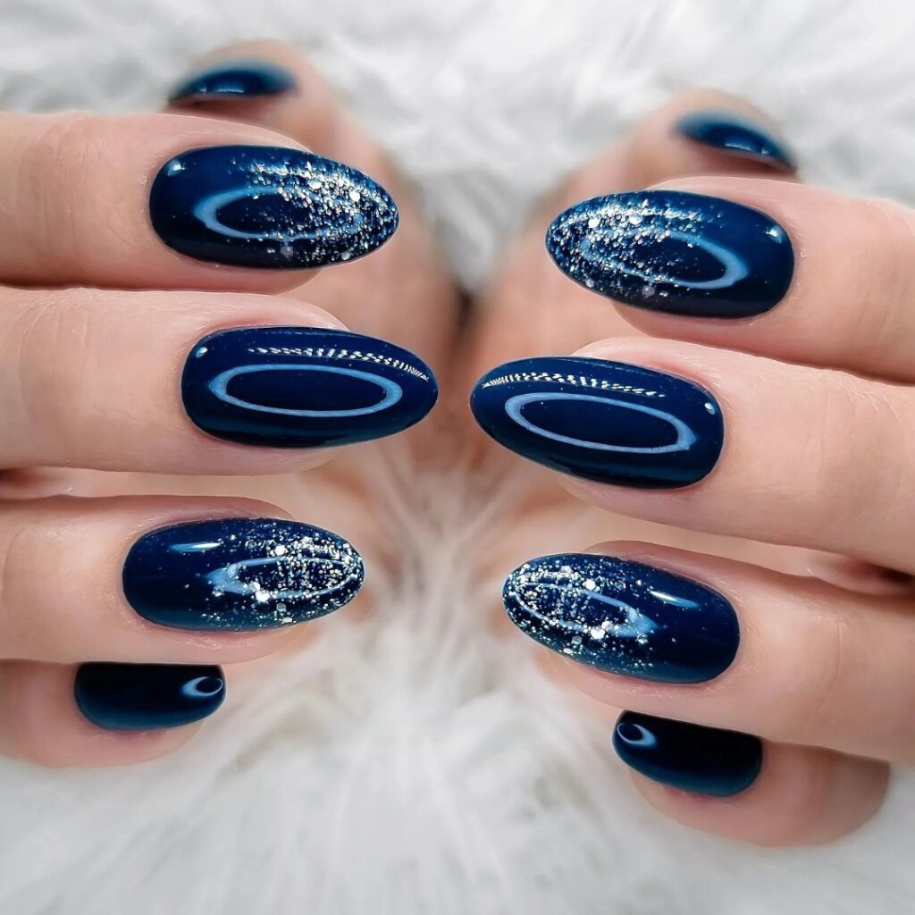 35 Latest Dark Blue Nail Designs To Try In 2024! 22 Silver Dark Blue Nails