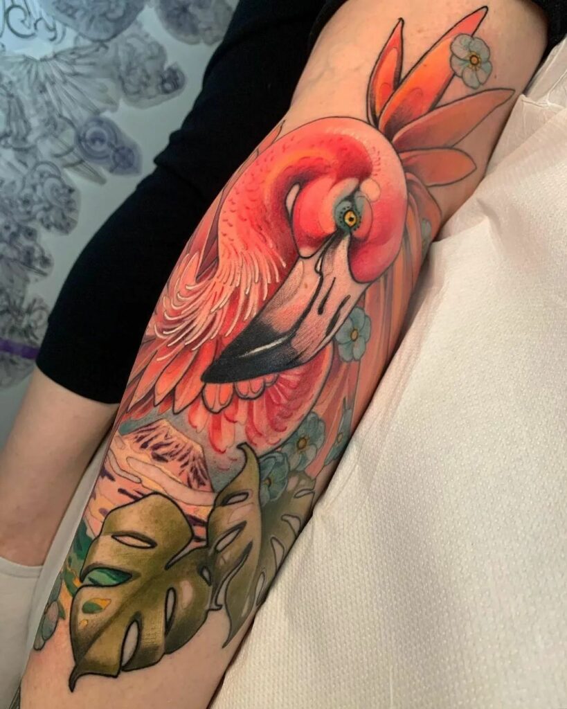 Amazing Flamingo Tattoos with Meanings To Inspire You In 2024! 24 Leafy Flamingo