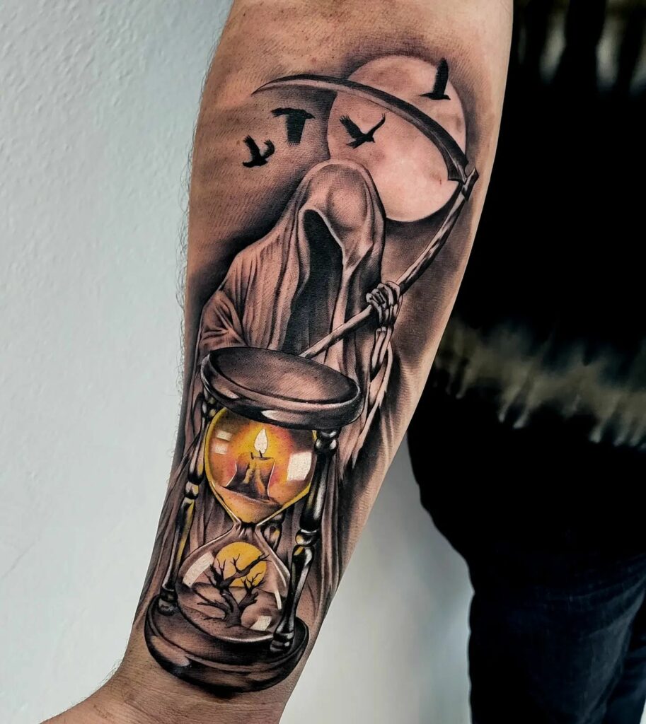 10 AMAZING HOURGLASS TATTOOS & THEIR MEANINGS - UPDATED FOR 2024 19 Grim Reaper Hourglass Tattoos