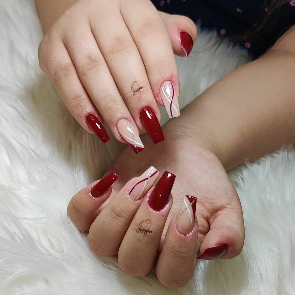 Go Bold with 40 Red Coffin Nail Designs in 2024 38 Side French Tip On Red Coffin Nail With Swirls