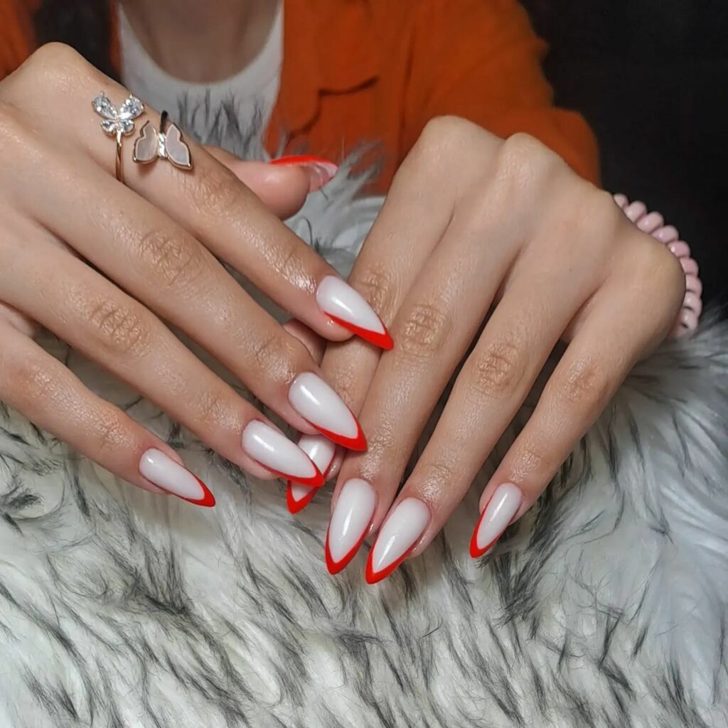 50 Latest V French Tip Coffin Nail Designs To Try In 2024! 35 Red Stiletto V French Manicure