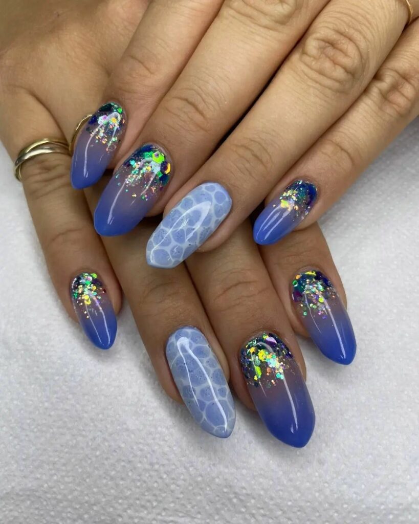 Feel Tropical with 35 Tropical Nails Designs for 2024 43 Blue And Rhinestone Tropical Nails.
