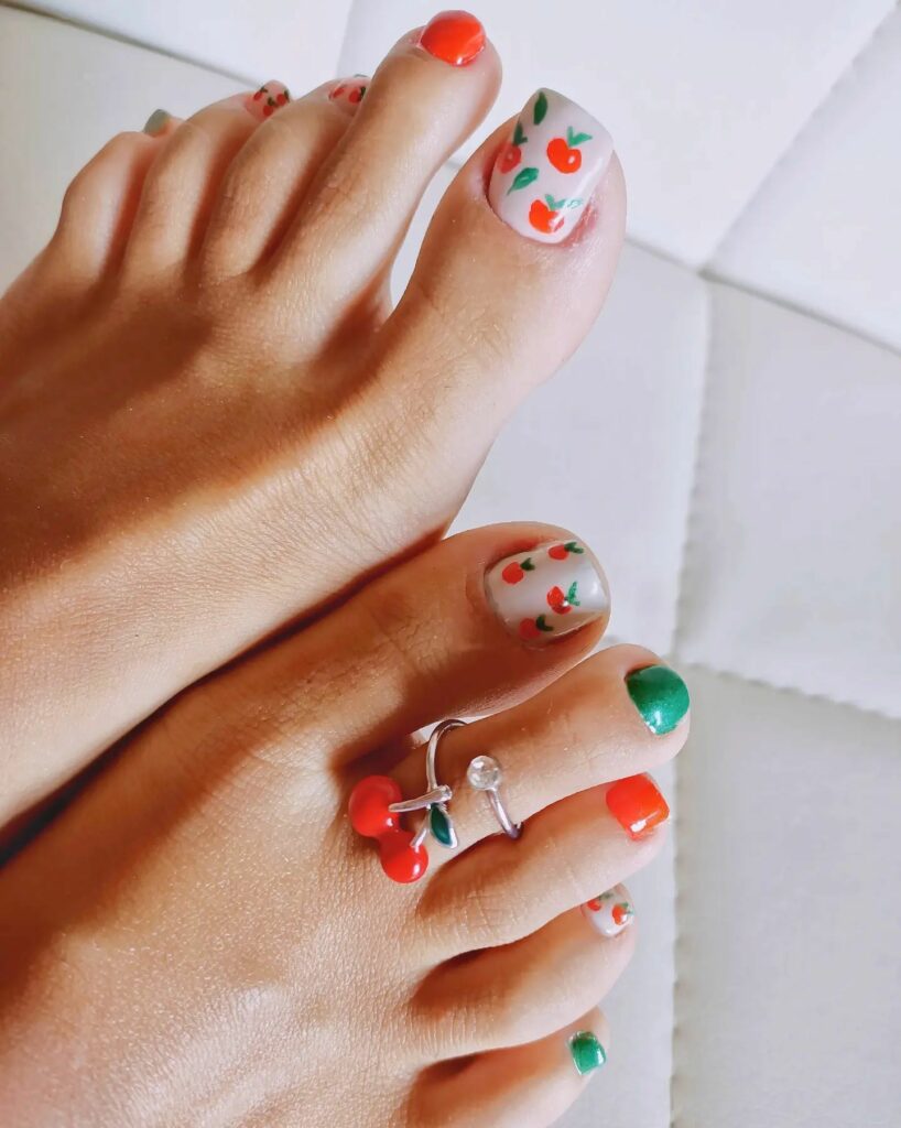 Feel Fruity with 25 Cherry Toenail Pedicure Ideas for 2024 19 Cherry Nail Art On White And Green Pedicure