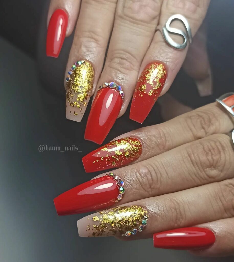 Go Bold with 40 Red Coffin Nail Designs in 2024 39 Red Coffin Nail With Gold Flakes And Rhinestones