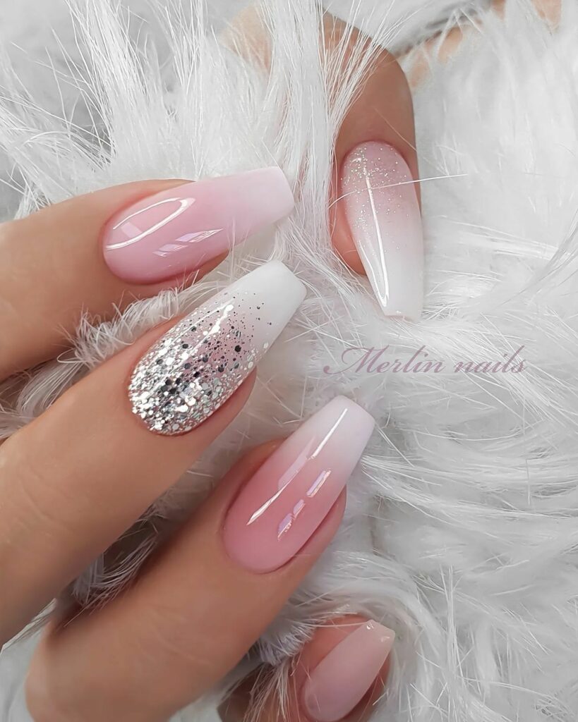 Transition Gracefully with 20 Christmas Ombré Nail Ideas in 2024 24 White Christmas Ombré Nails with Glitters