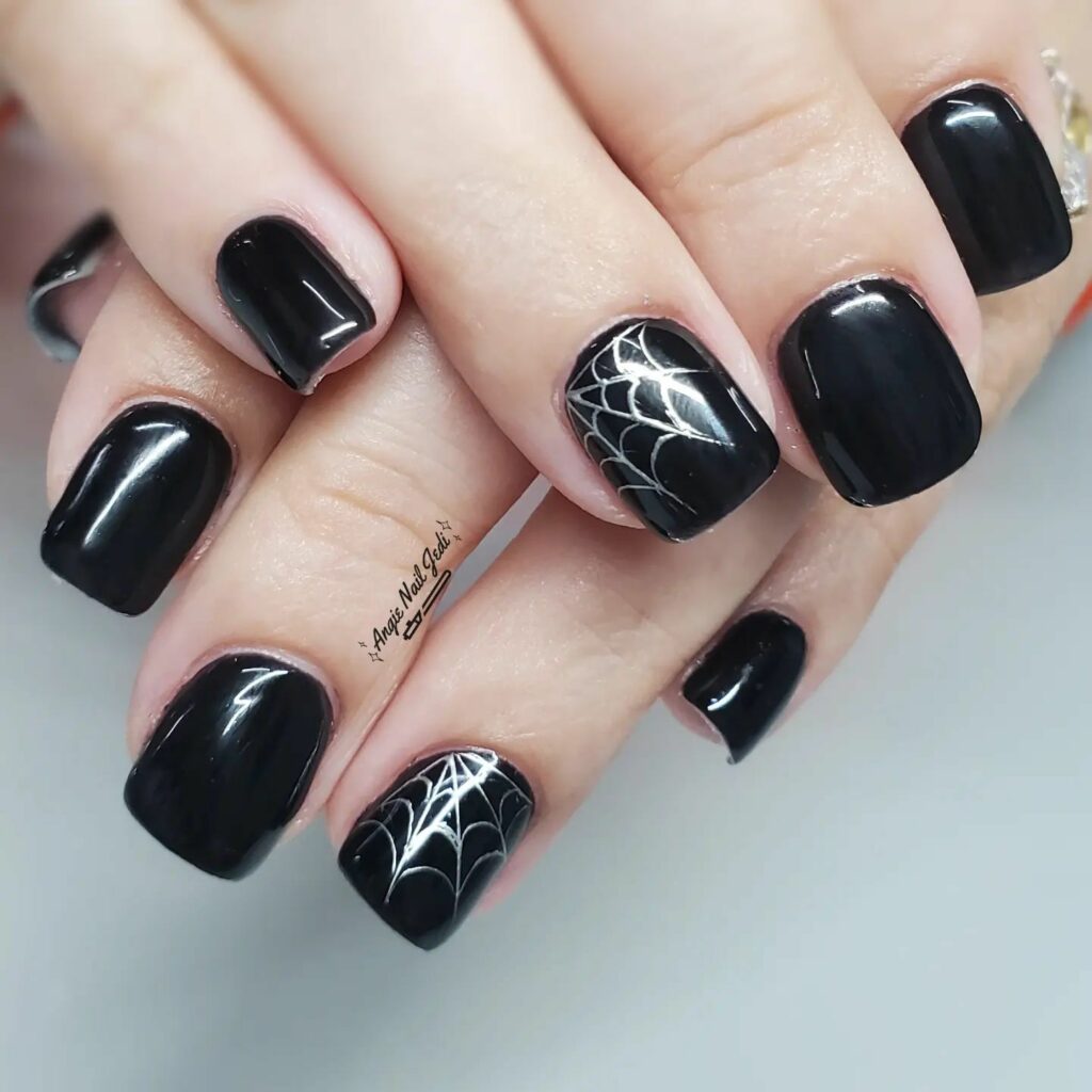 45 Latest Short Black Nail Designs To Try In 2024! 42 Black Short Nail With Spider Web