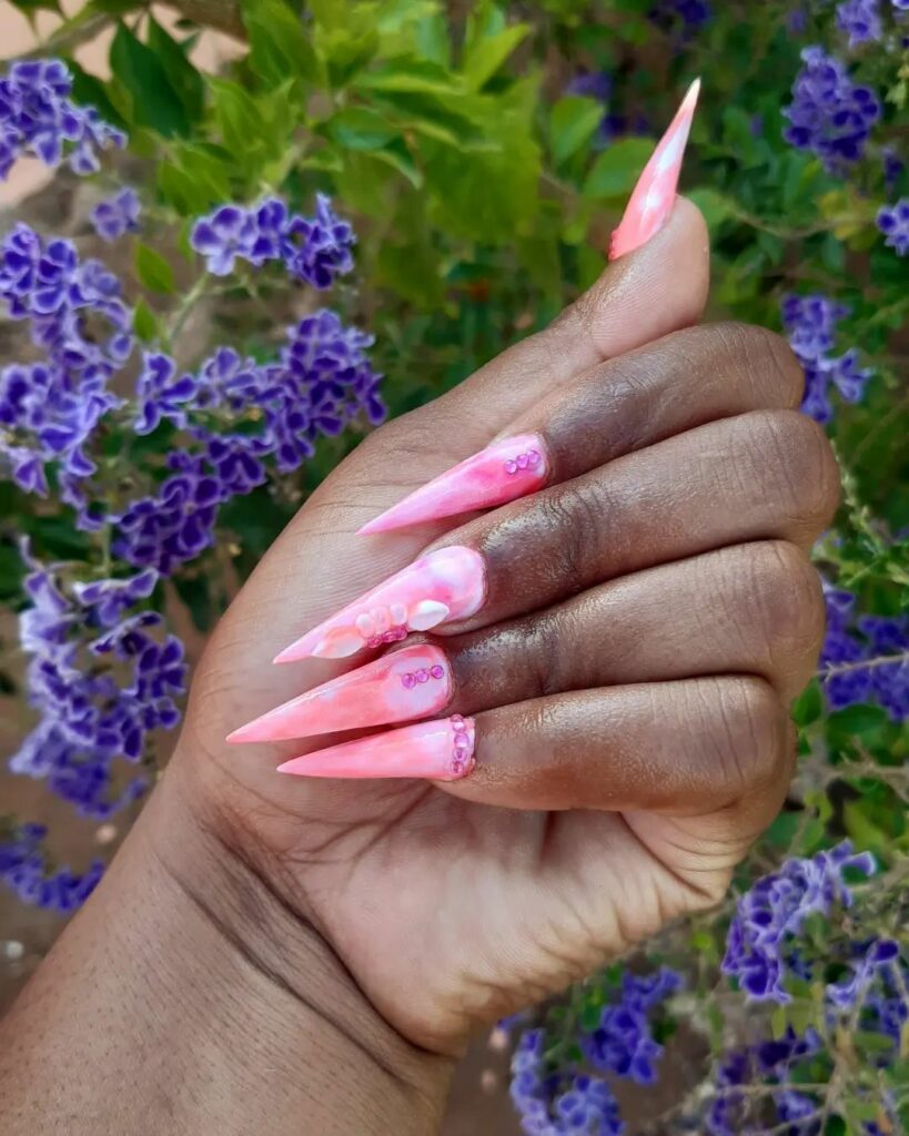 Discover 35 Pink Marble Nail Designs of 2024 33 Long Rose Quartz Crystal Pink Nails