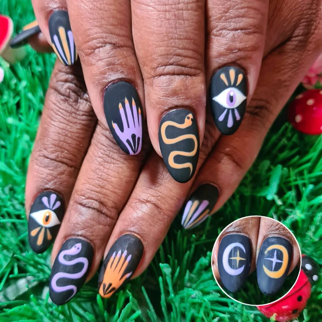35 Latest Black Matte Nail Designs To Try In 2024! 32 Eye Accents