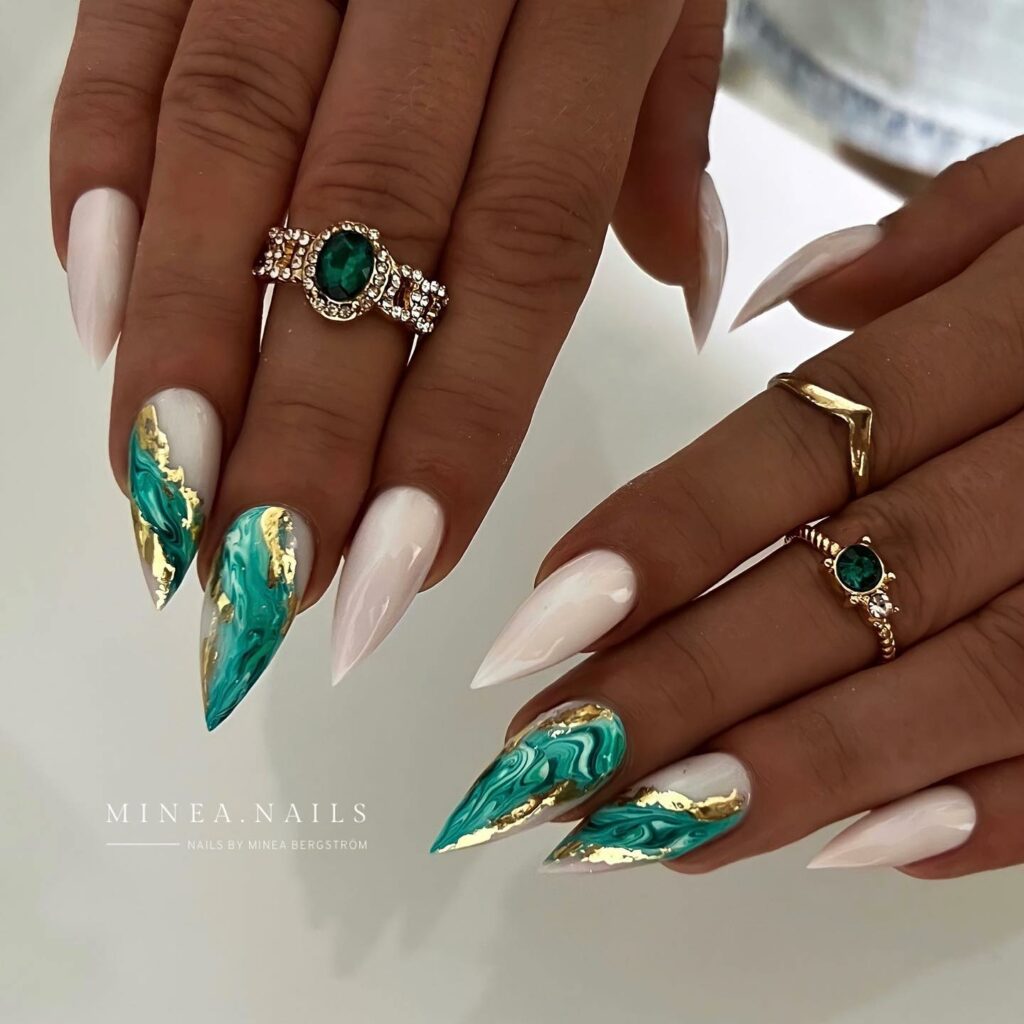 35 Latest Short Stiletto Nail Ideas to Try in 2024! 37 Aquatic Marble and Gold Leaf Short Stiletto Nails
