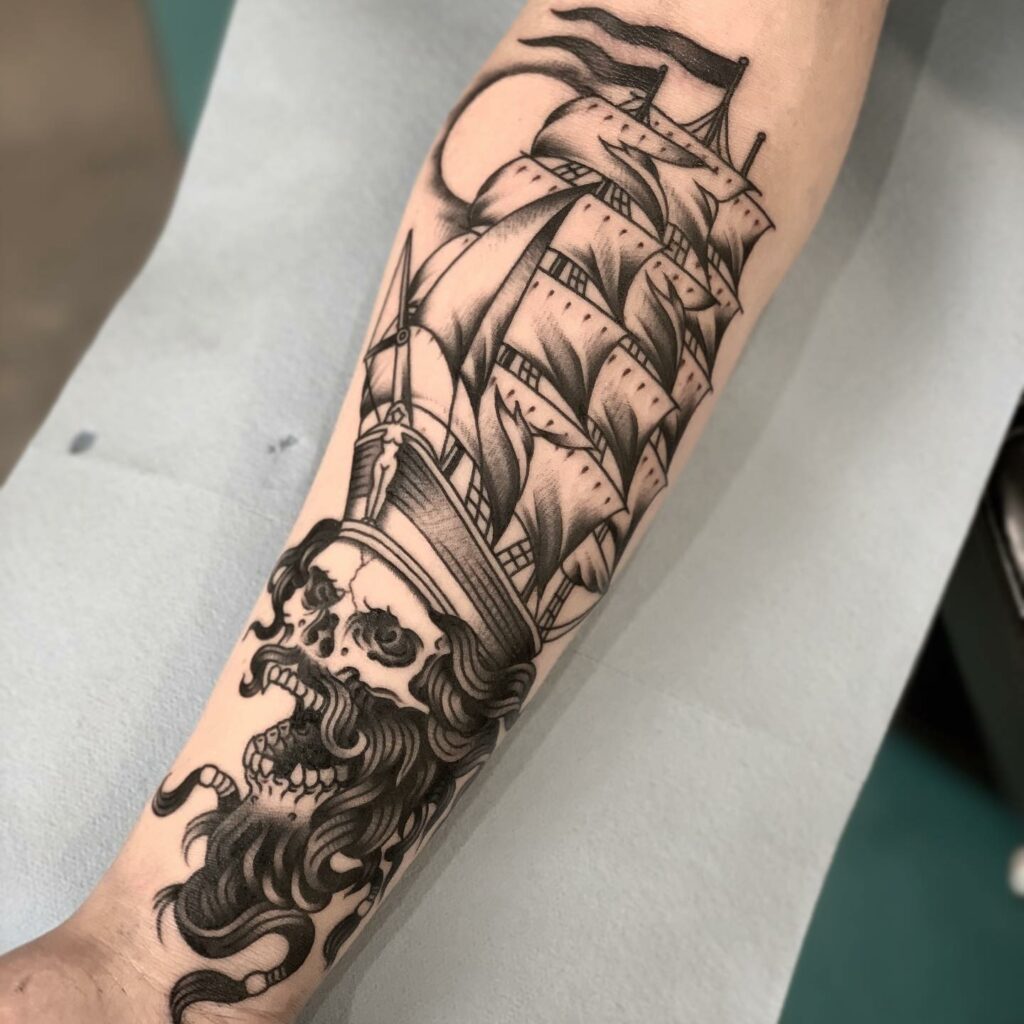 12+ Traditional Pirate Ship Tattoo Ideas To Inspire You! 14 Arm Tattoo of a Dangerous Pirate Ship