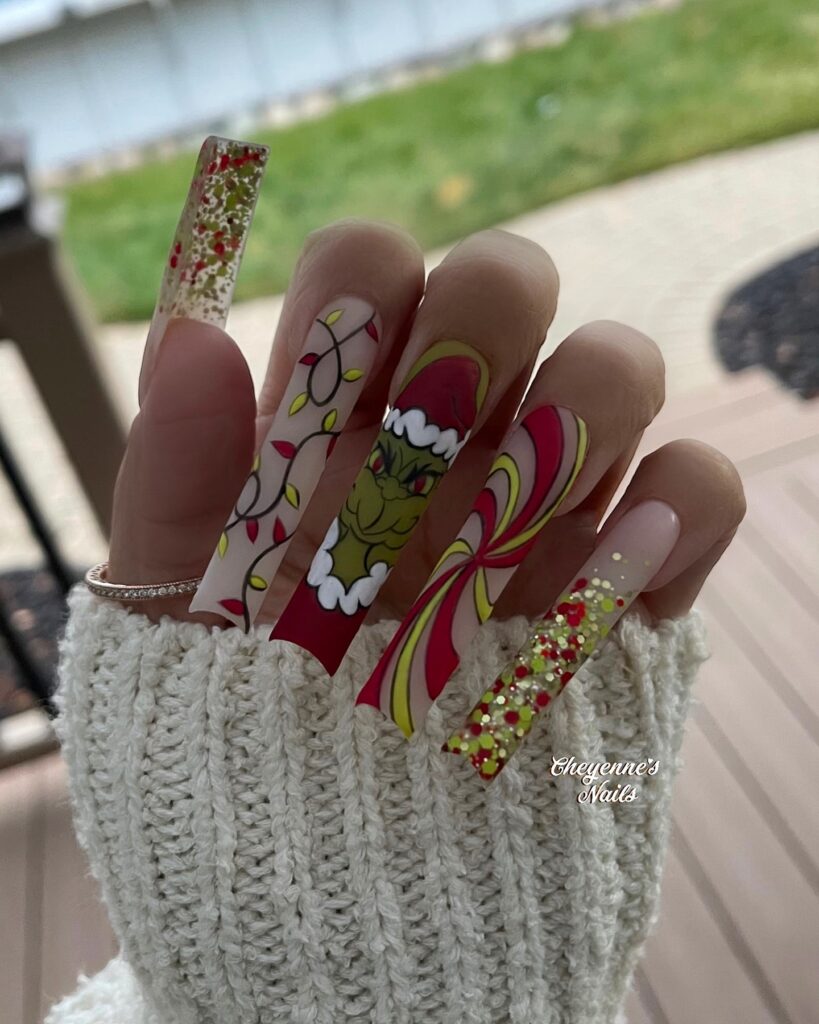 Embrace the Holiday Spirit in 2024 19 Artistic Acrylic Grinch Nails