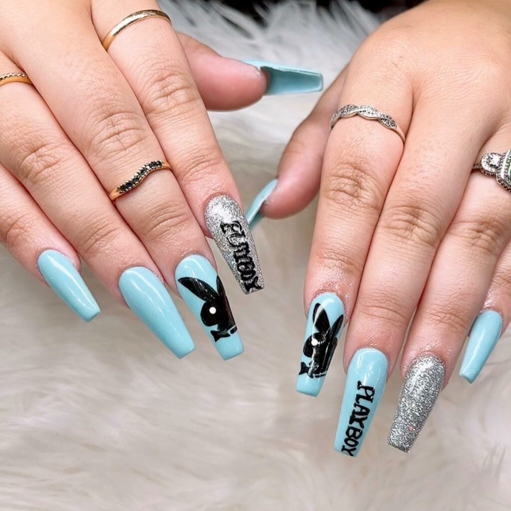 28 Stunning Playboy Nail Designs for 2024 33 Baby Blue Playboy Nails and Silver Glitter