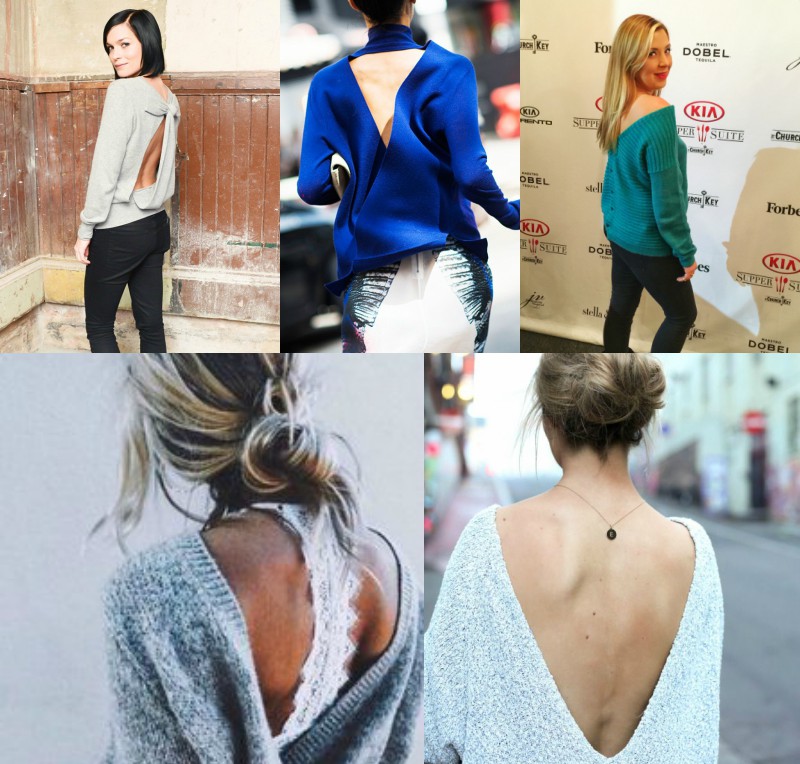10 Best Backless Sweaters and How to Style Them 23 Outfit grid of celeb inspiration wearing backless sweaters