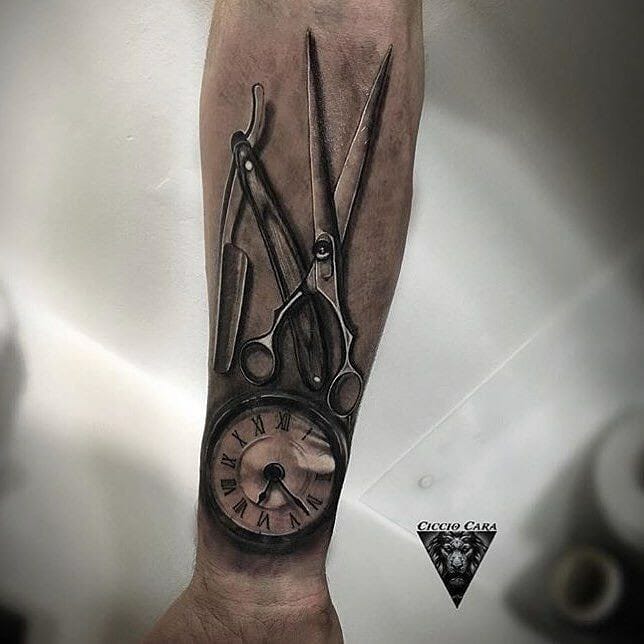 12+ Barber Tattoo Ideas To Inspire You! 15 Barber With Clock Tattoo
