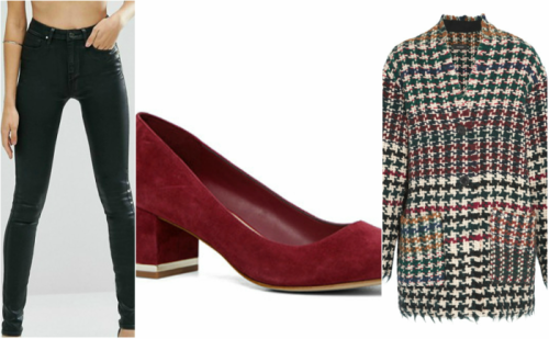 How To Dress In Your 30s? 30 outfit grid: red block heels, coated jeans and tartan peacoat