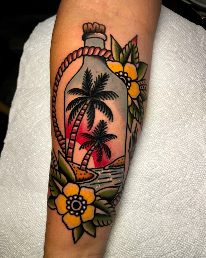 11+ Traditional Beach Tattoo Ideas That Will Blow Your Mind! 16 Beach Tattoo Inside A Glass Jar