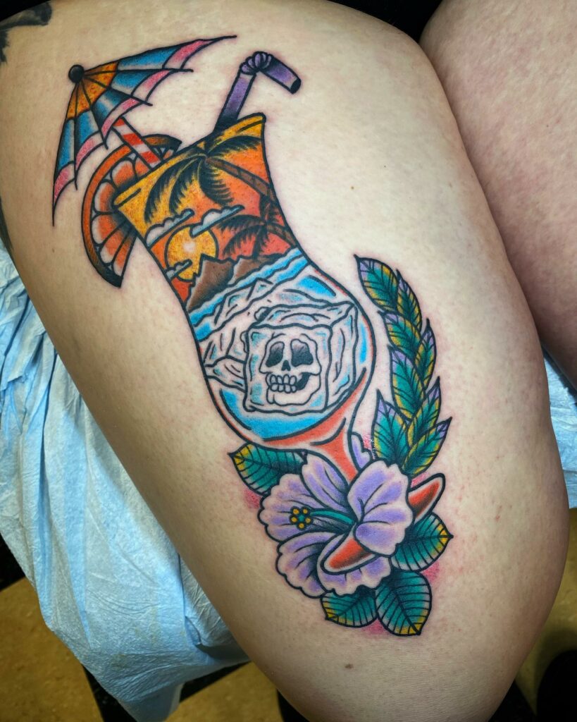 11+ Traditional Beach Tattoo Ideas That Will Blow Your Mind! 15 Beach Tattoo With A Drink