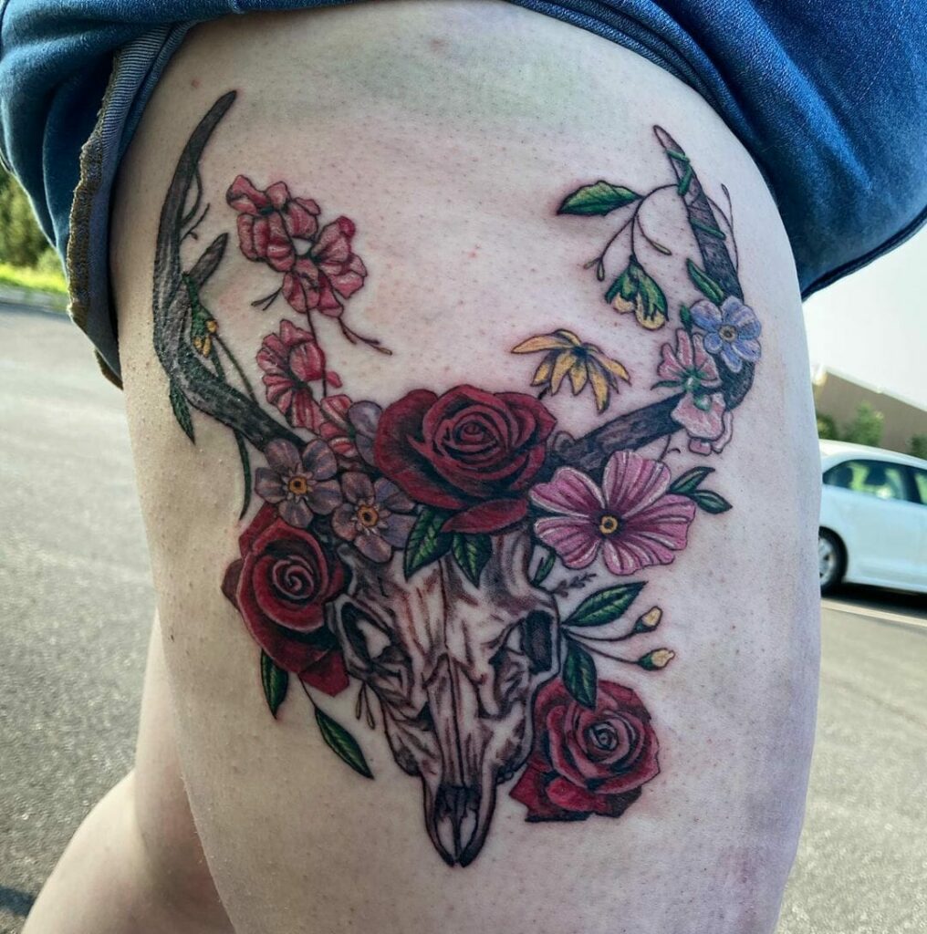 11+ Deer Skull Tattoo Ideas You'll Have To See To Believe! 15 Beautiful Deer Skull With Flowers Tattoo Of A Deer Skull