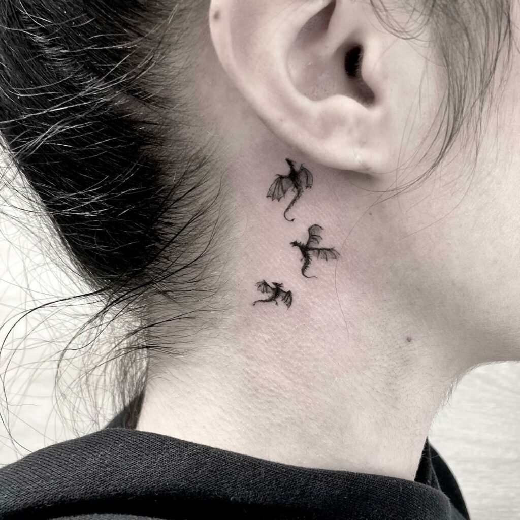 11+ Women's Feminine Dragon Tattoo Ideas That Will Blow Your Mind! 21 Behind The Ear Three Dragon Tattoos For Women
