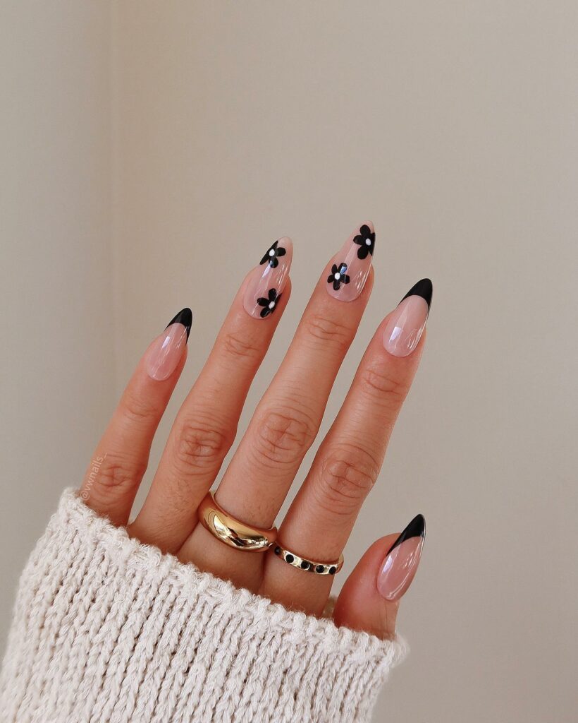 30 Latest Black Almond Nail Ideas To Try In 2024! 13 Black Almond Nail Designs With Flowers