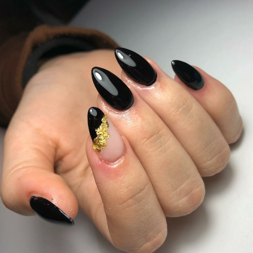 30 Latest Black Almond Nail Ideas To Try In 2024! 43 Luxurious Black Almond Nails and Gold Foils