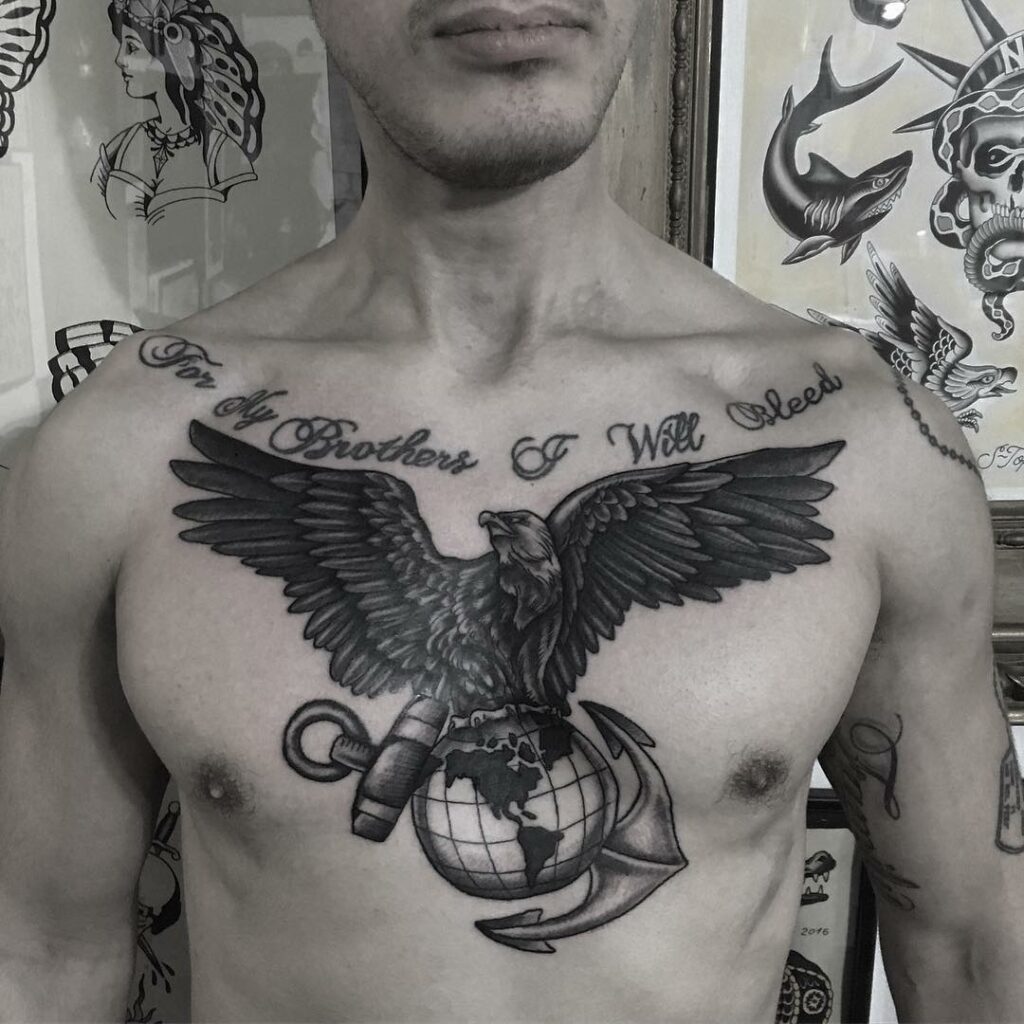 10+ Anchor Chest Tattoo Ideas That Will Blow Your Mind! 18 Black And Gray Eagle Globe Anchor Chest Tattoo