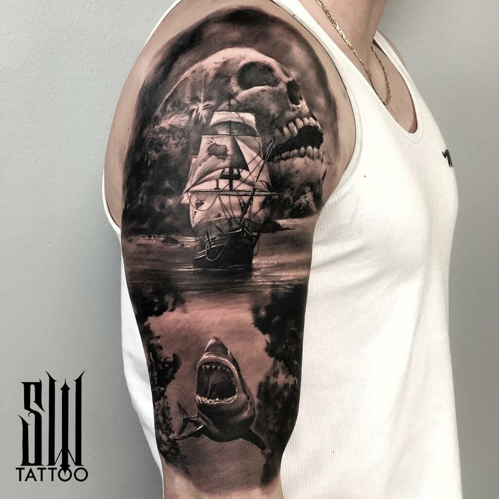 12+ Traditional Pirate Ship Tattoo Ideas To Inspire You! 18 Black And Grey Ghost Pirate Ship Tattoo On Full Sleeve