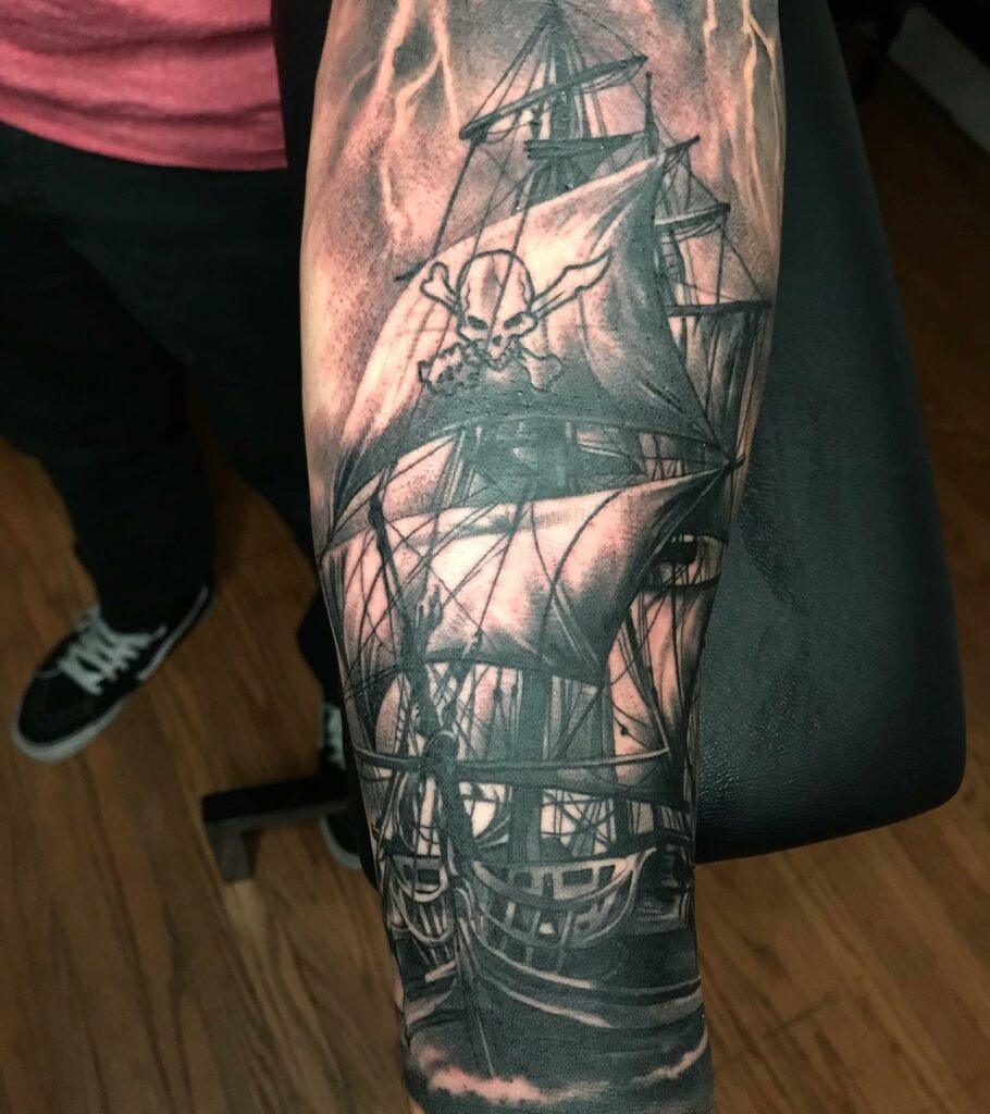 12+ Traditional Pirate Ship Tattoo Ideas To Inspire You! 20 Black And Grey Pirate Ship Tattoo Forearm