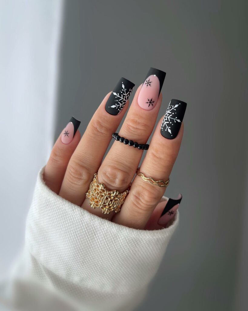 Celebrate with 40 Christmas Statement Nail Designs in 2024 10 Black Christmas Nails with Snowflakes