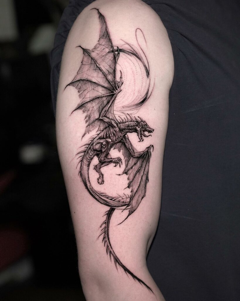 11+ Women's Feminine Dragon Tattoo Ideas That Will Blow Your Mind! 14 Black DotWork Dragon Tattoos For Women