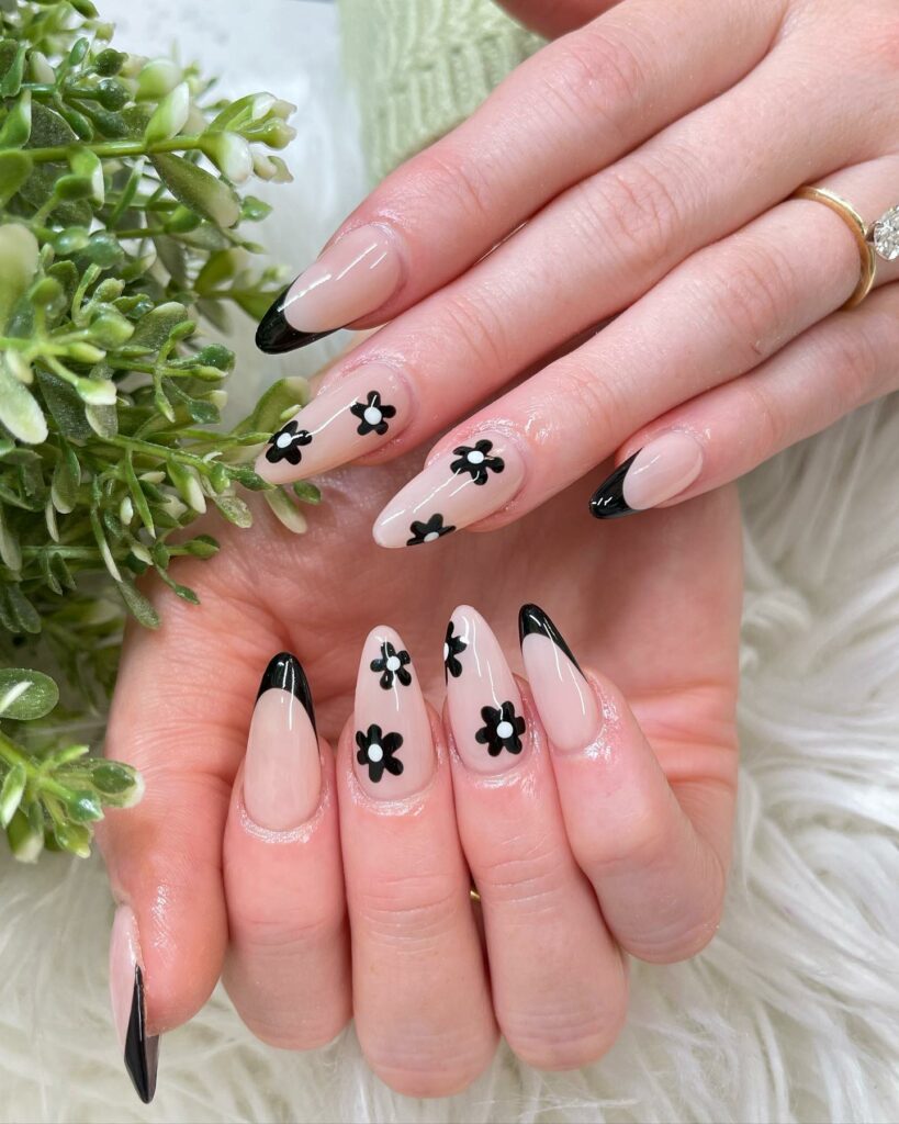 30 Latest Black Almond Nail Ideas To Try In 2024! 34 Botanical on Black Floral Almond Nails