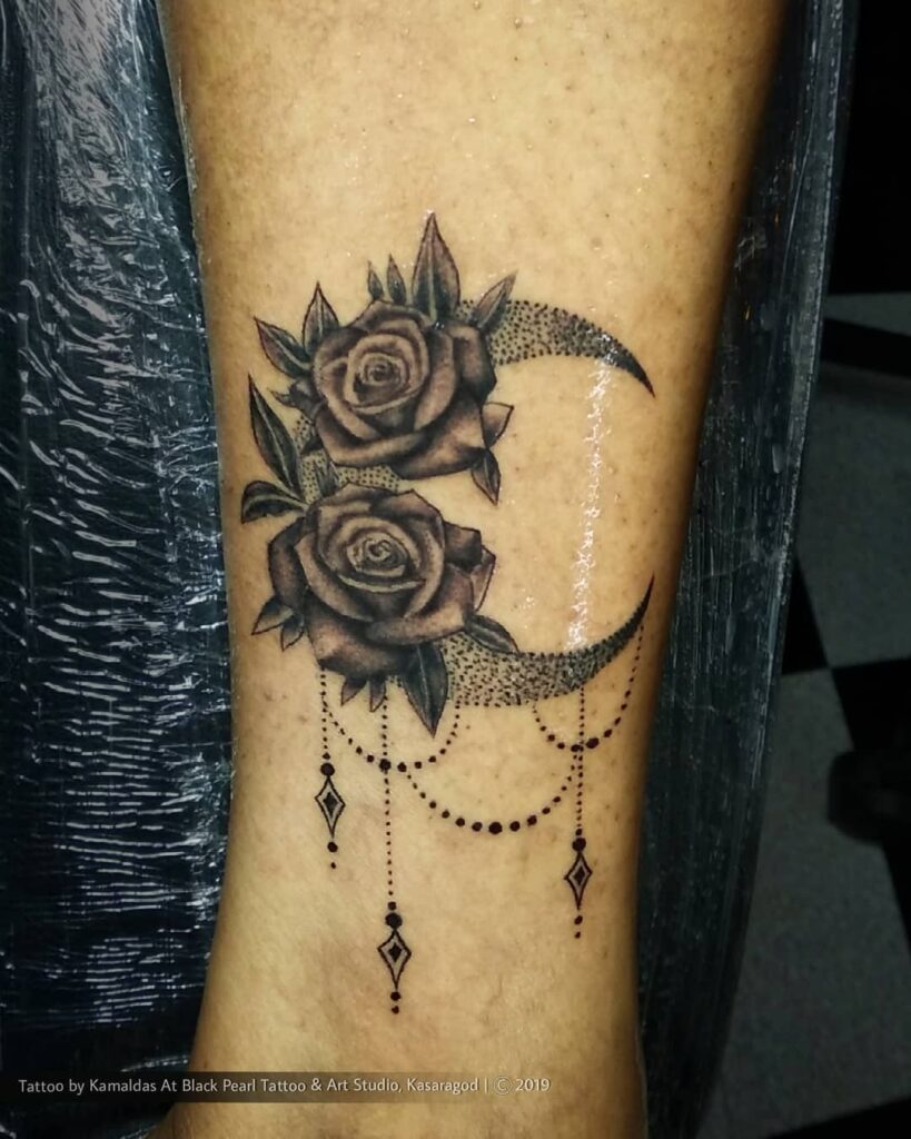 10+ Moon Flower Tattoo Ideas That Will Blow Your Mind! 14 Black Floral Half Moon Tattoo