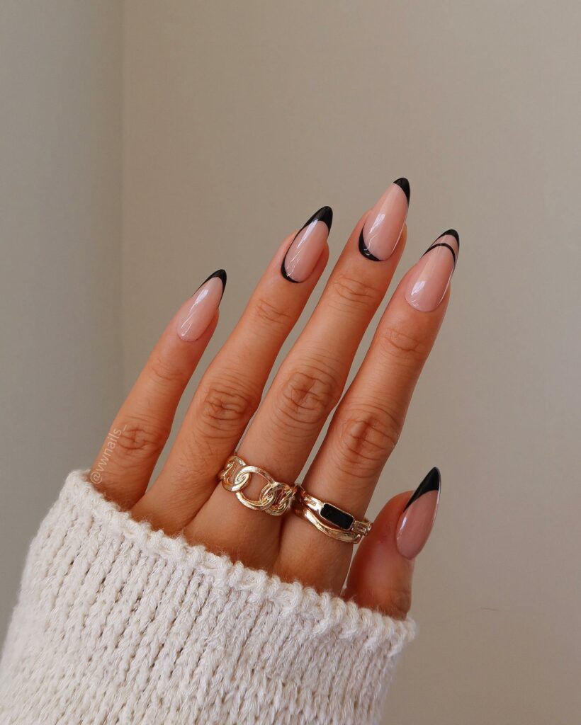 30 Latest Black Almond Nail Ideas To Try In 2024! 16 Black French Almond Nails with Refined Elegance