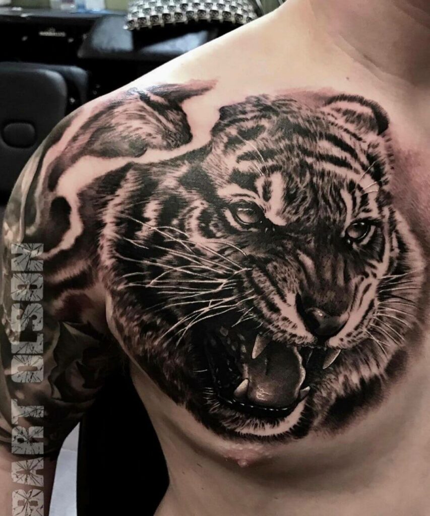 11+ Chest Tiger Tattoo Ideas That Will Blow Your Mind! 19 Black-Grey Chest Tattoo