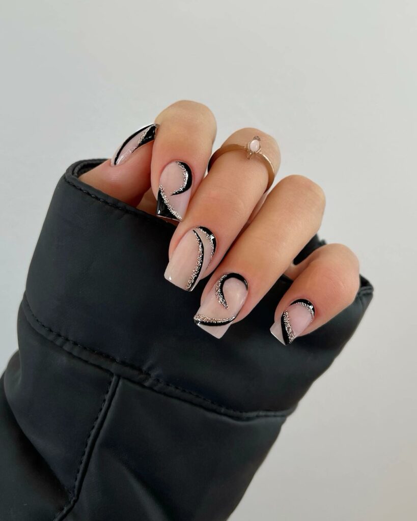 Get Creative with 39 Cute Short Nails Designs for 2024 22 Black Nails With Swirl Design