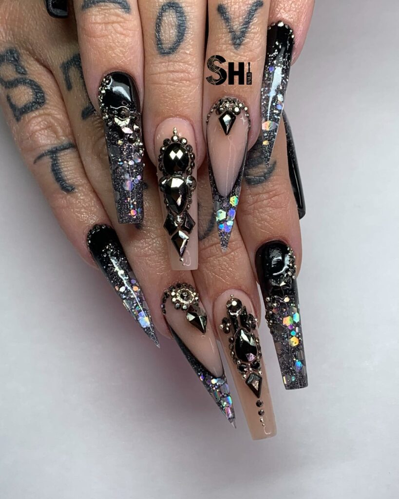24 Latest Long Nail Designs To Try In 2024! 31 Black & Nude Marble Coffin Nails